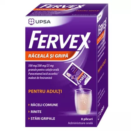 Fervex raceala si gripa pentru adulti 500mg/200mg/25mg, 8 plicuri, Magna